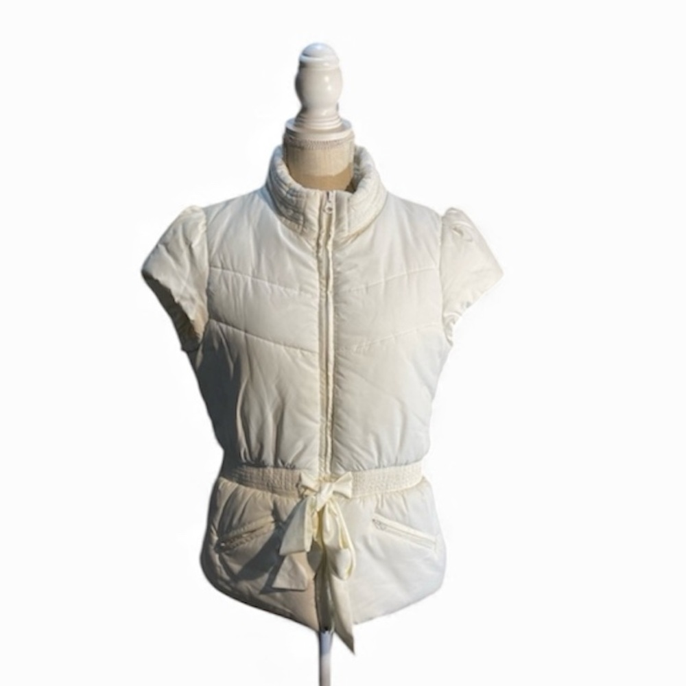 Y2K White Quilted Sweater-Back Puffer Zip Front Cap-Sleeve Vest Sz XL